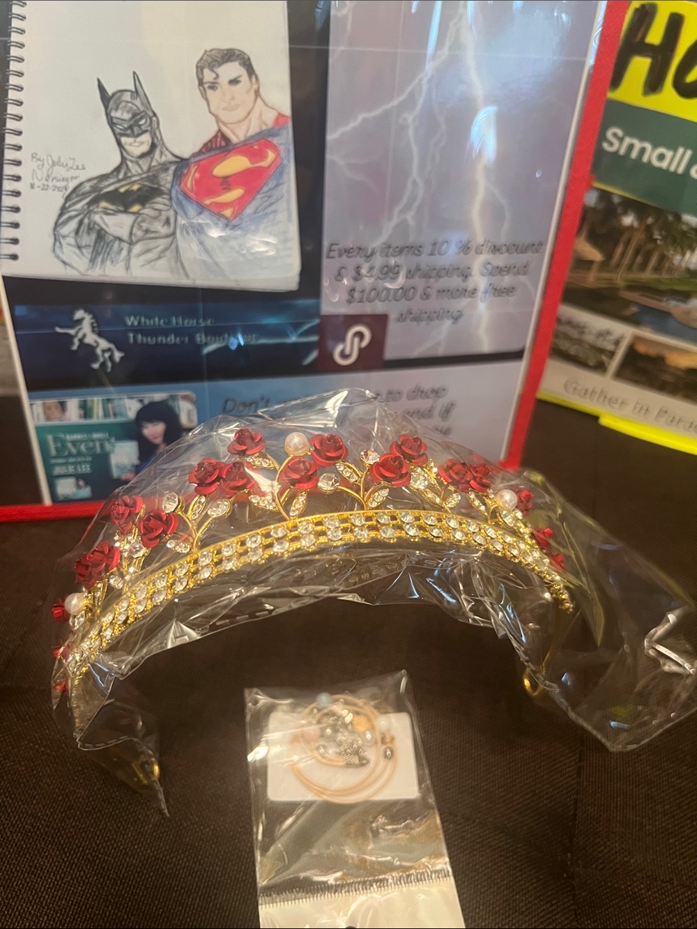 #3176**Gold Red Floral Tiara Crown with Pearls - Picture 6 of 17
